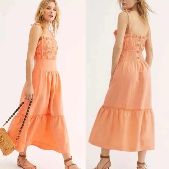 Free People Late Checkout Midi Linen Blend Dress In Orange Women's Size M - Picture 1 of 10